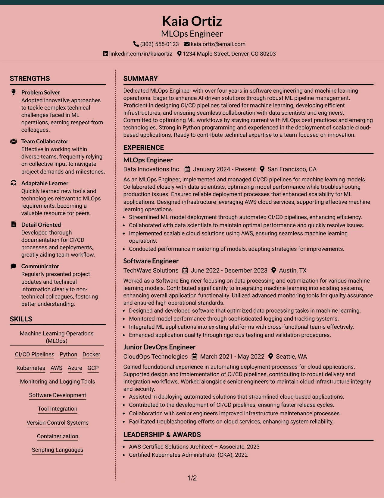 Resume Example Page 1