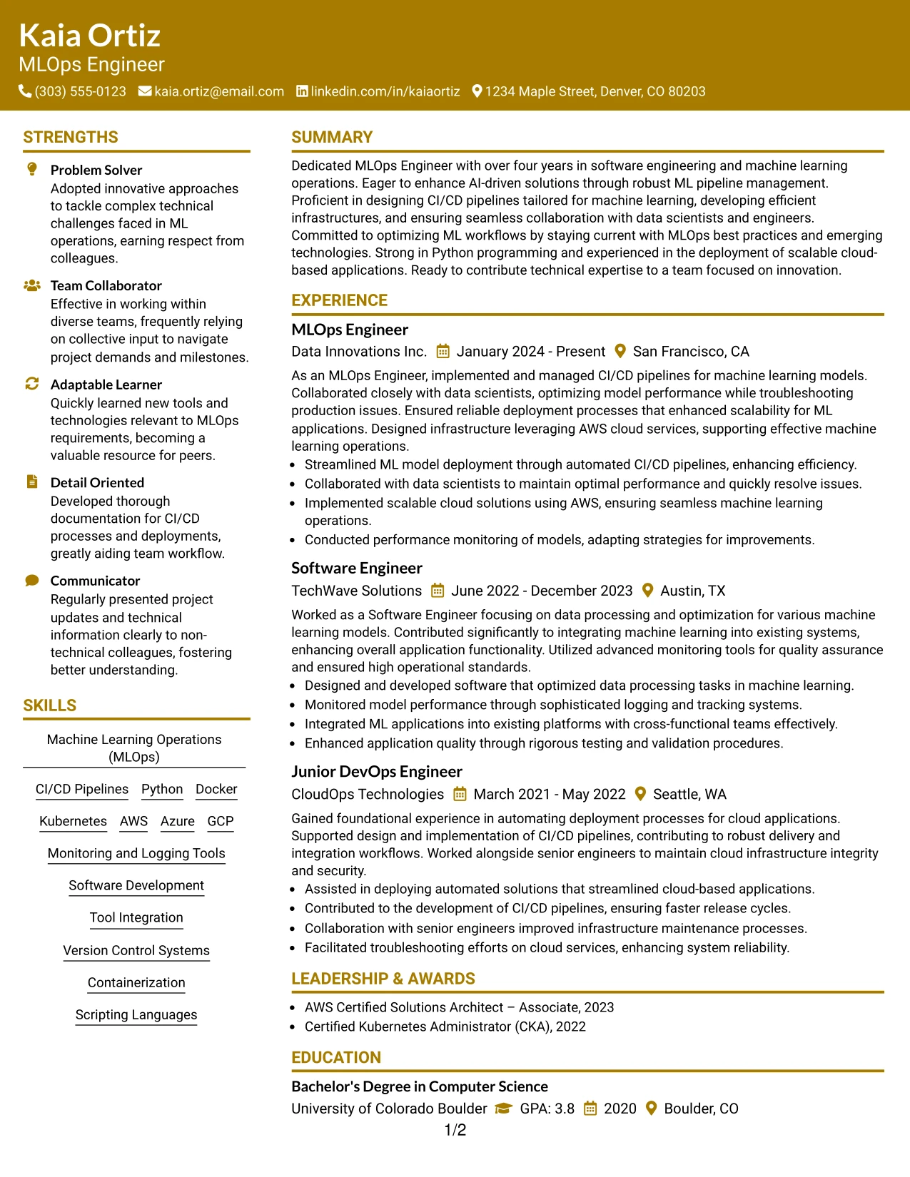 Resume Example Page 1