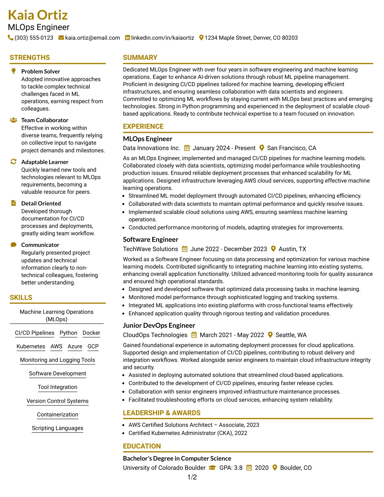 Resume Example Page 1