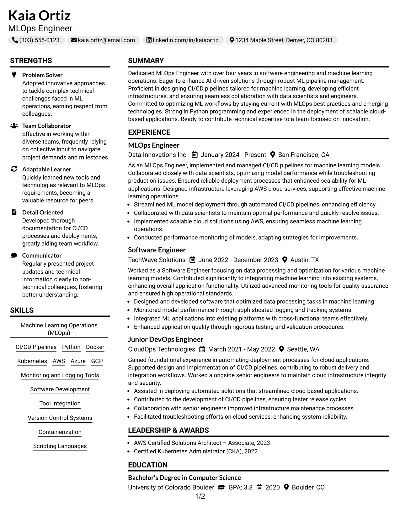 Resume Example Page 1