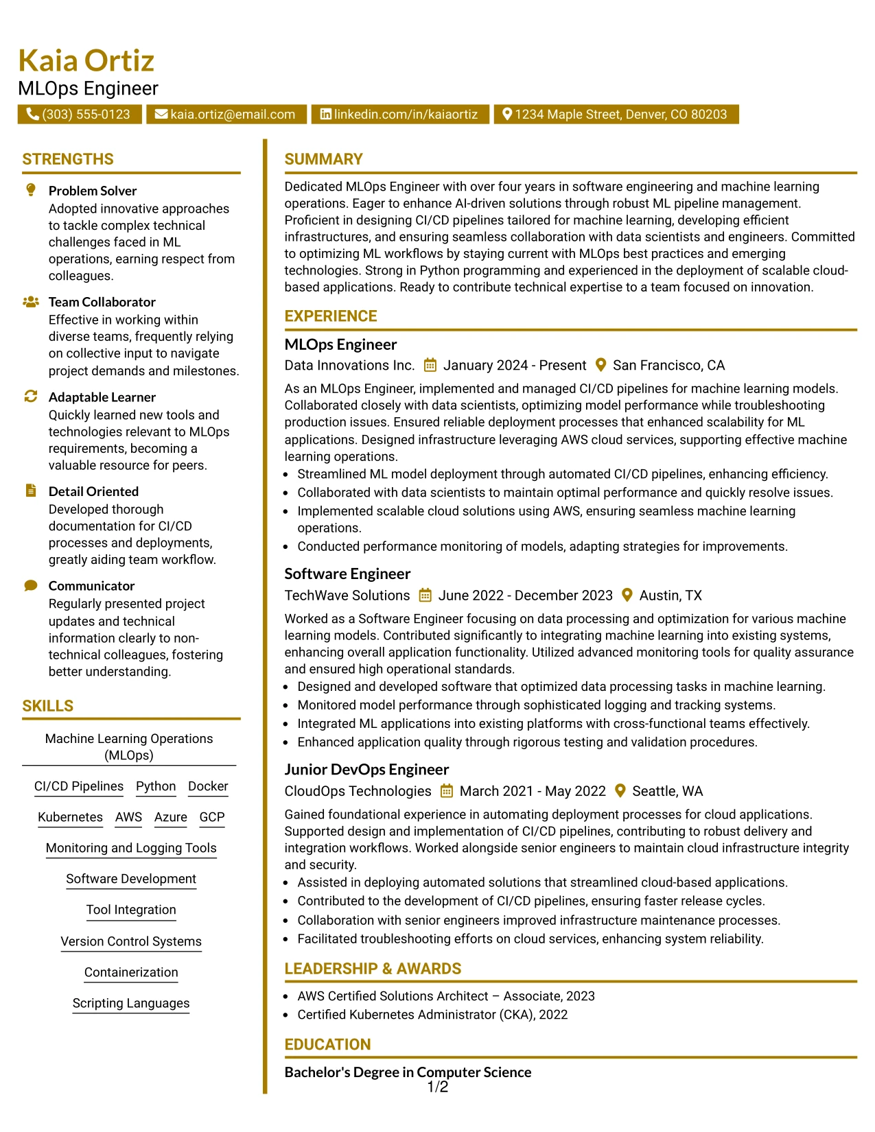 Resume Example Page 1