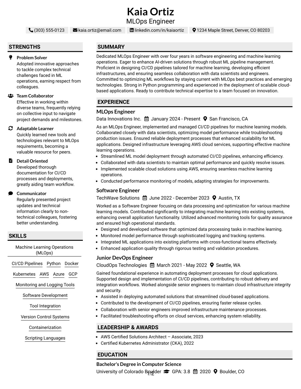 Resume Example Page 1