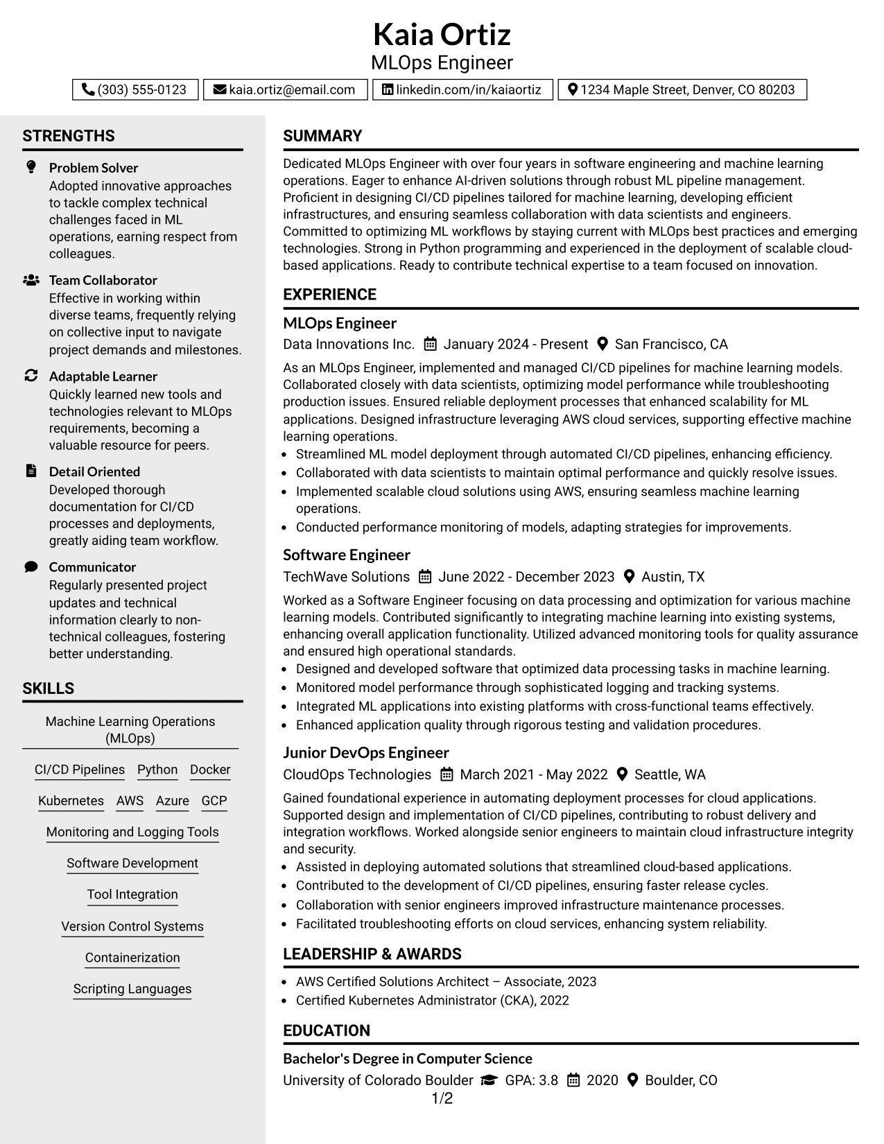 Resume Example Page 1