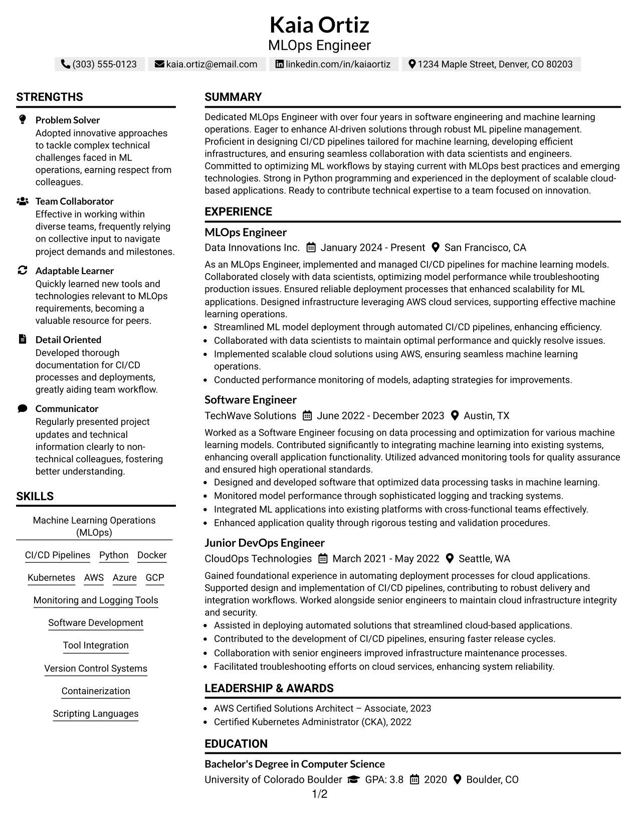 Resume Example Page 1