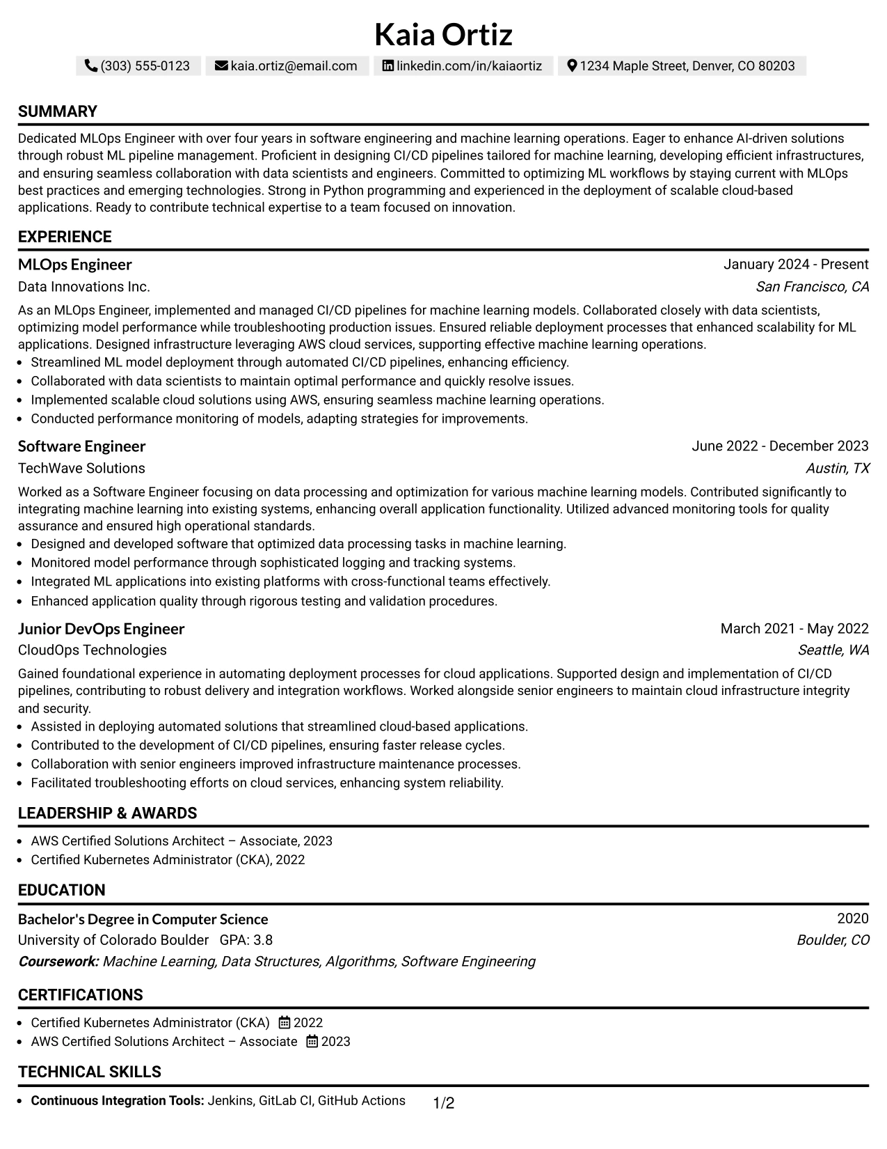 Resume Example Page 1