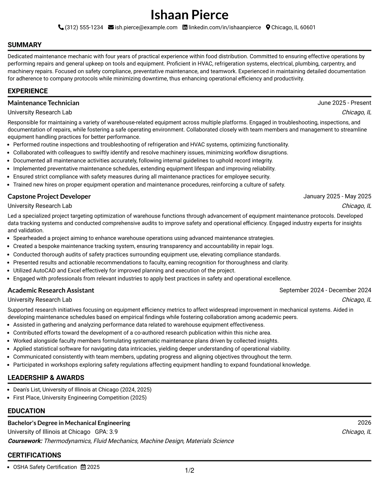 Resume Example Page 1