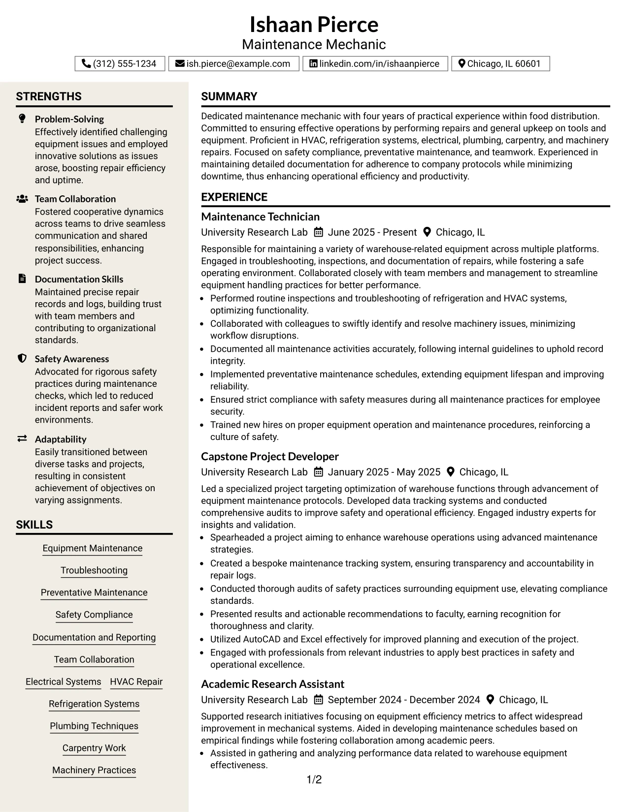 Resume Example Page 1