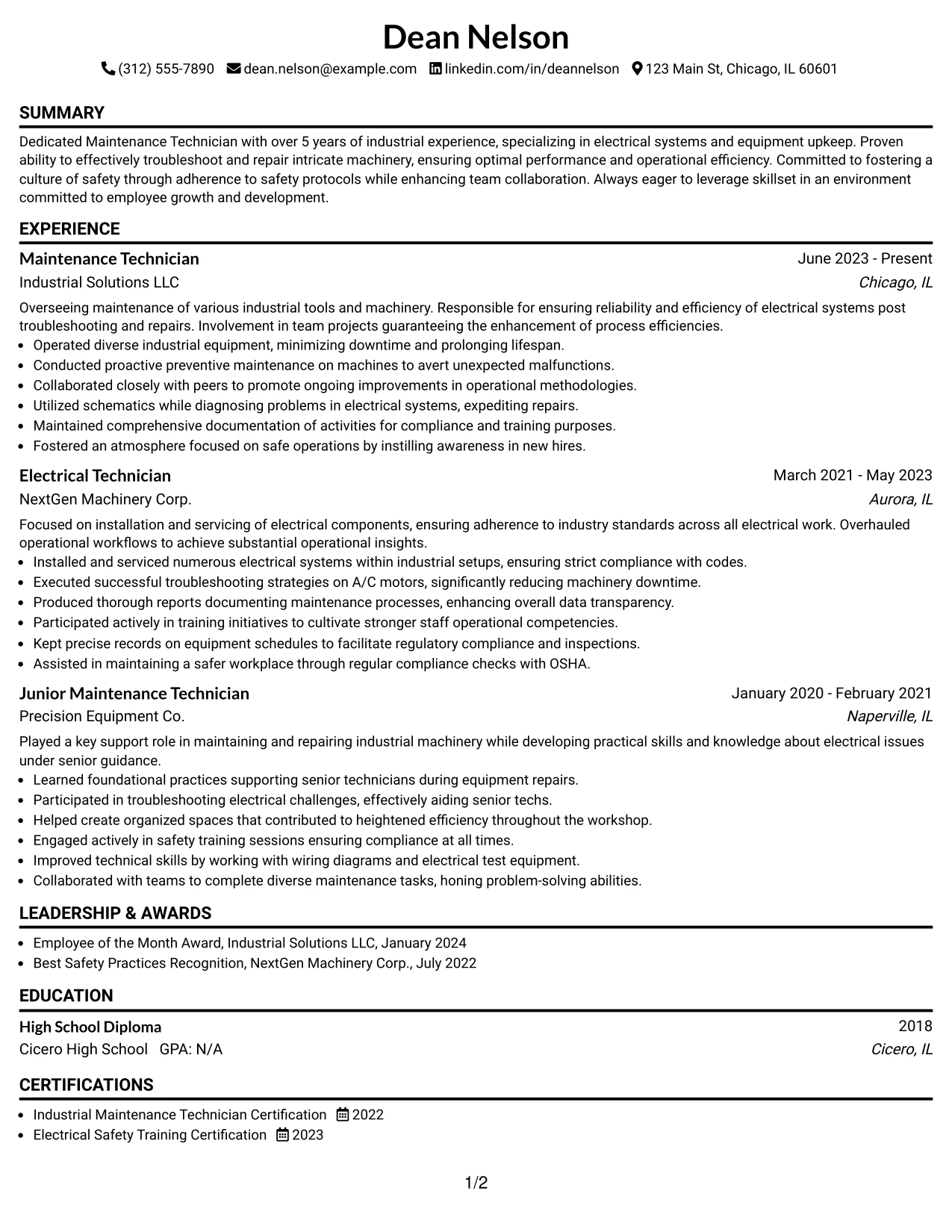 Resume Example Page 1
