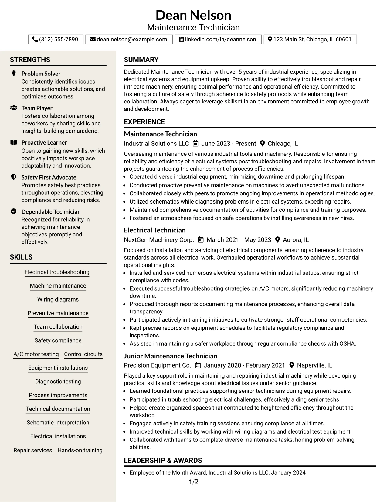 Resume Example Page 1