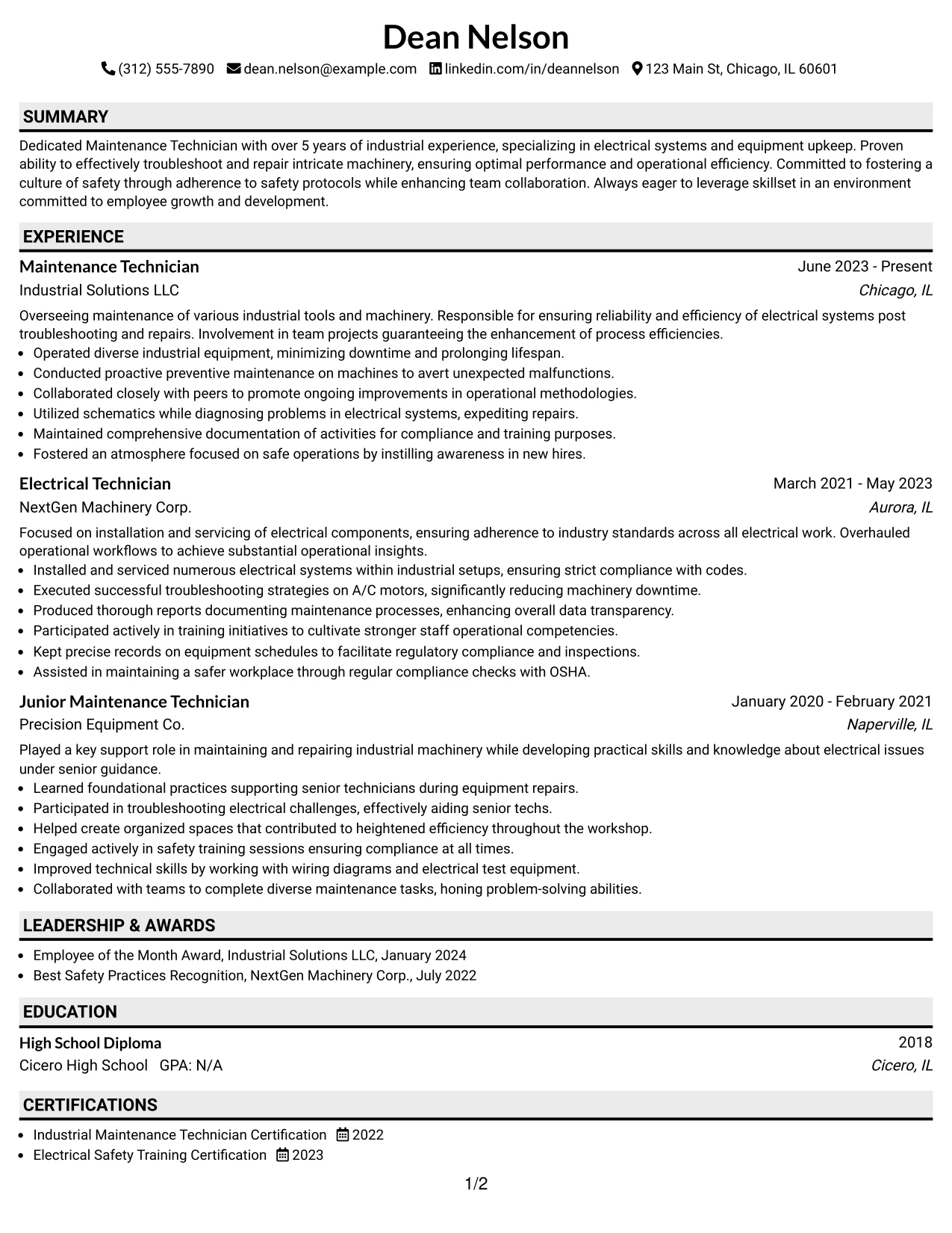 Resume Example Page 1