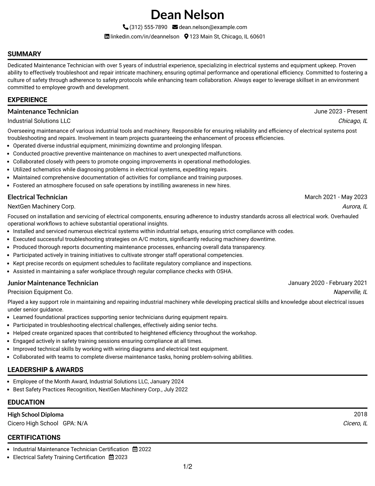 Resume Example Page 1