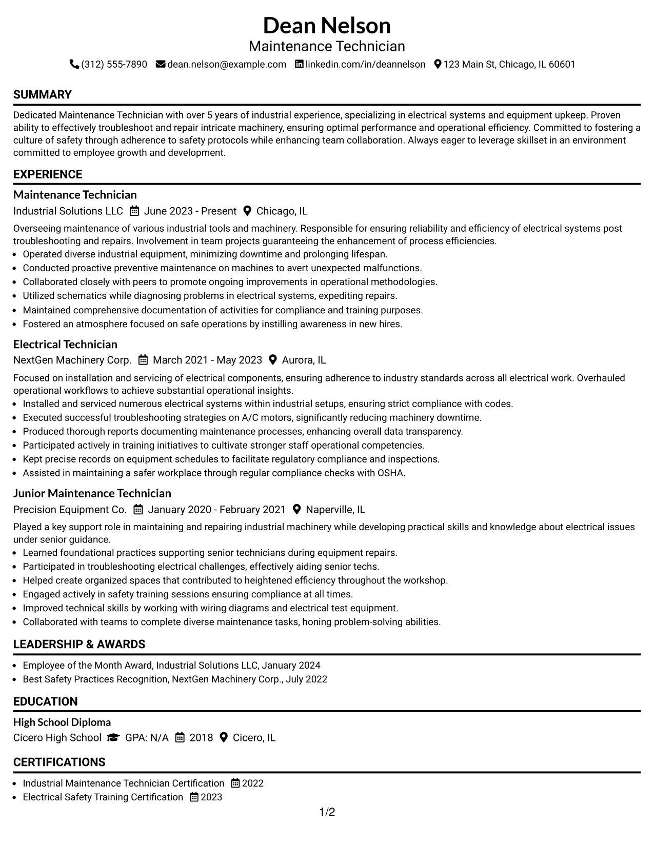 Resume Example Page 1