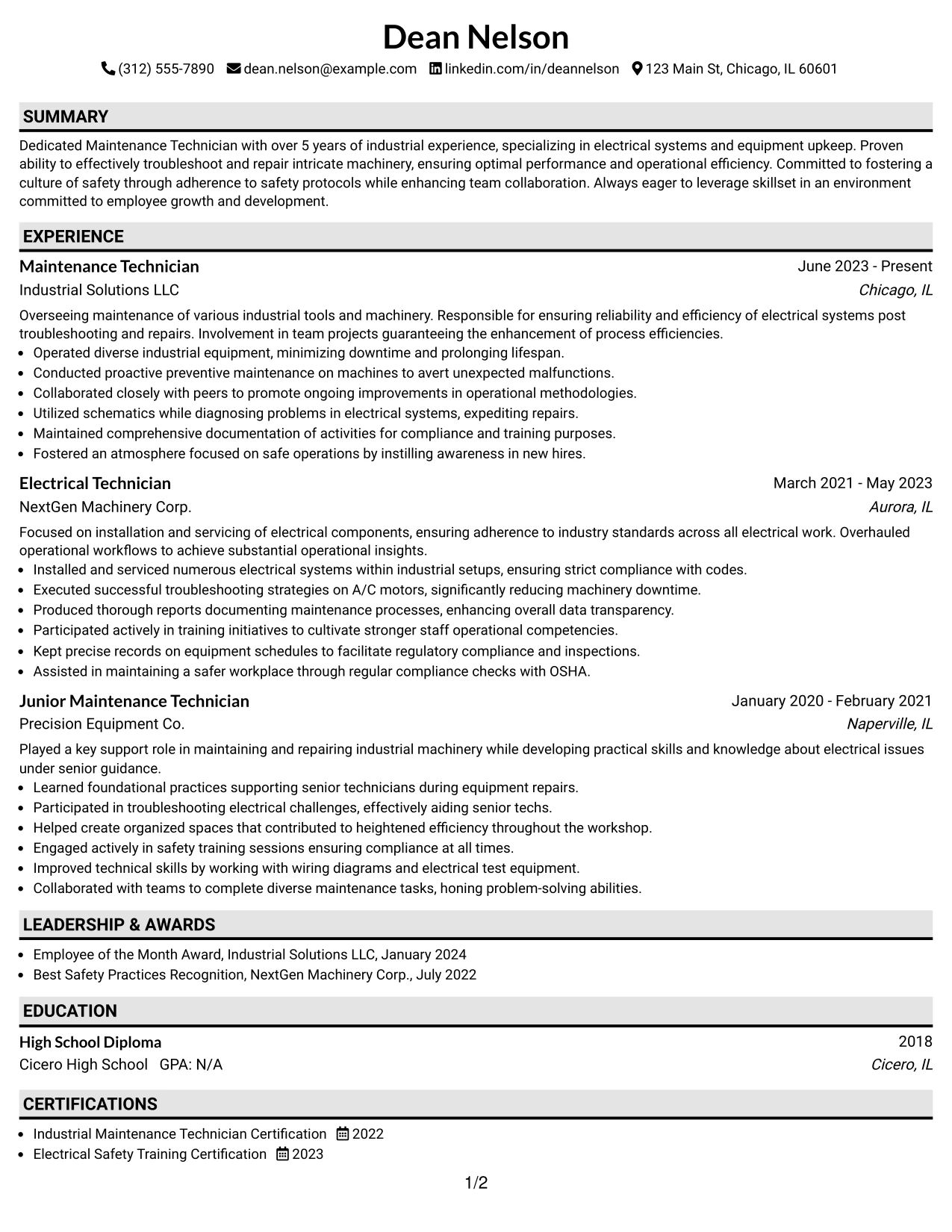 Resume Example Page 1