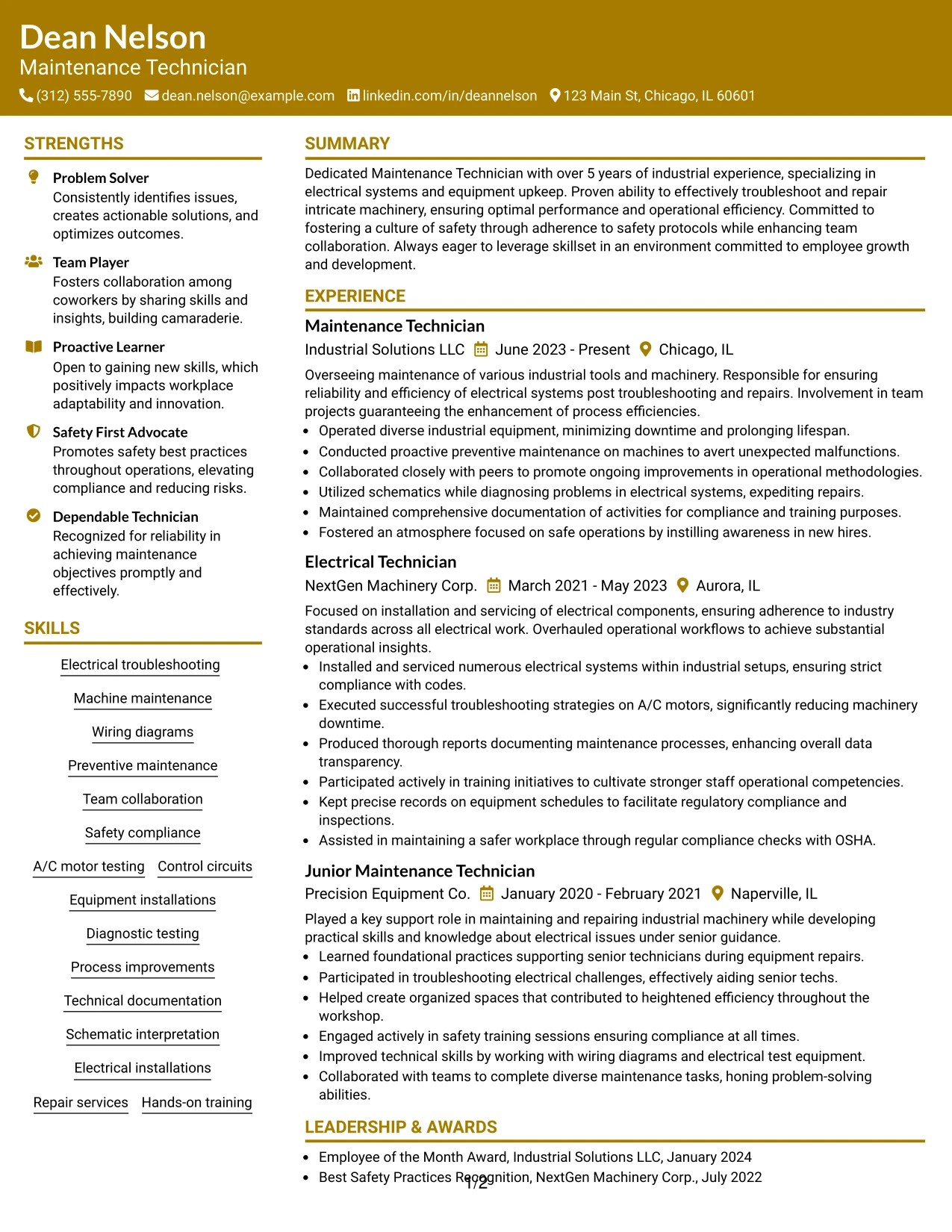 Resume Example Page 1