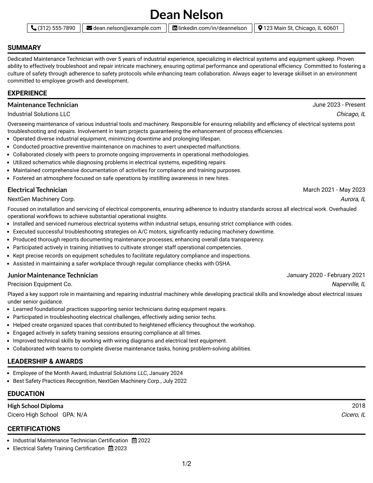 Resume Example Page 1