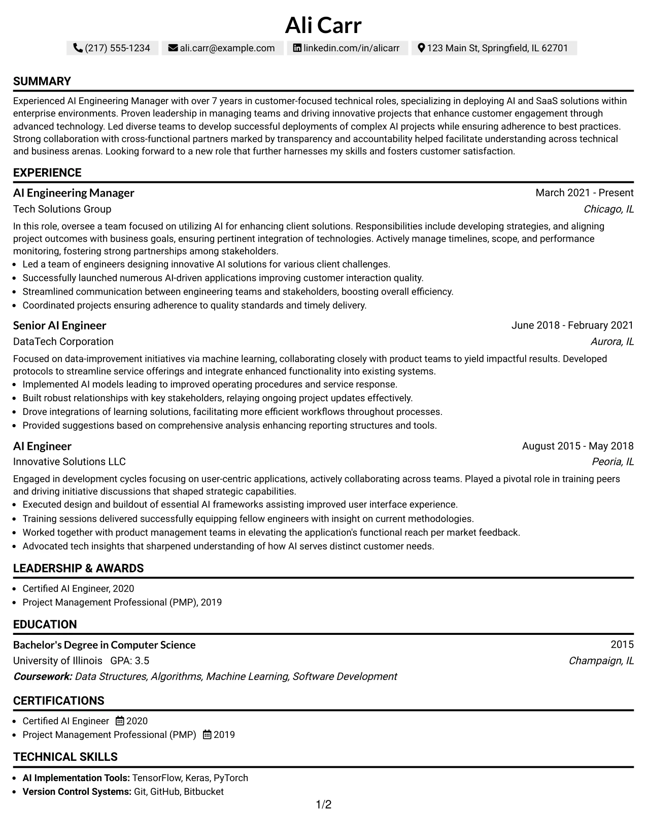 Resume Example Page 1