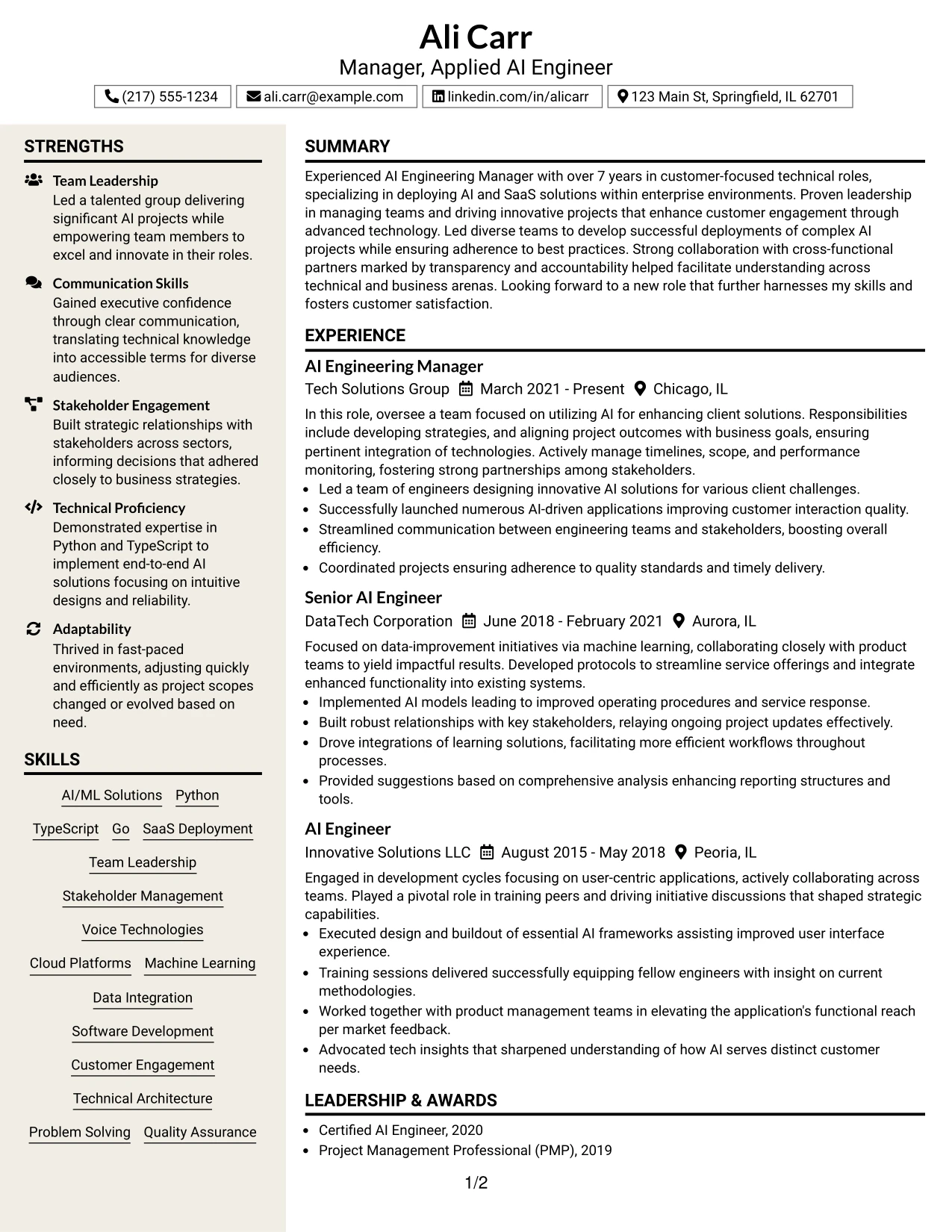 Resume Example Page 1