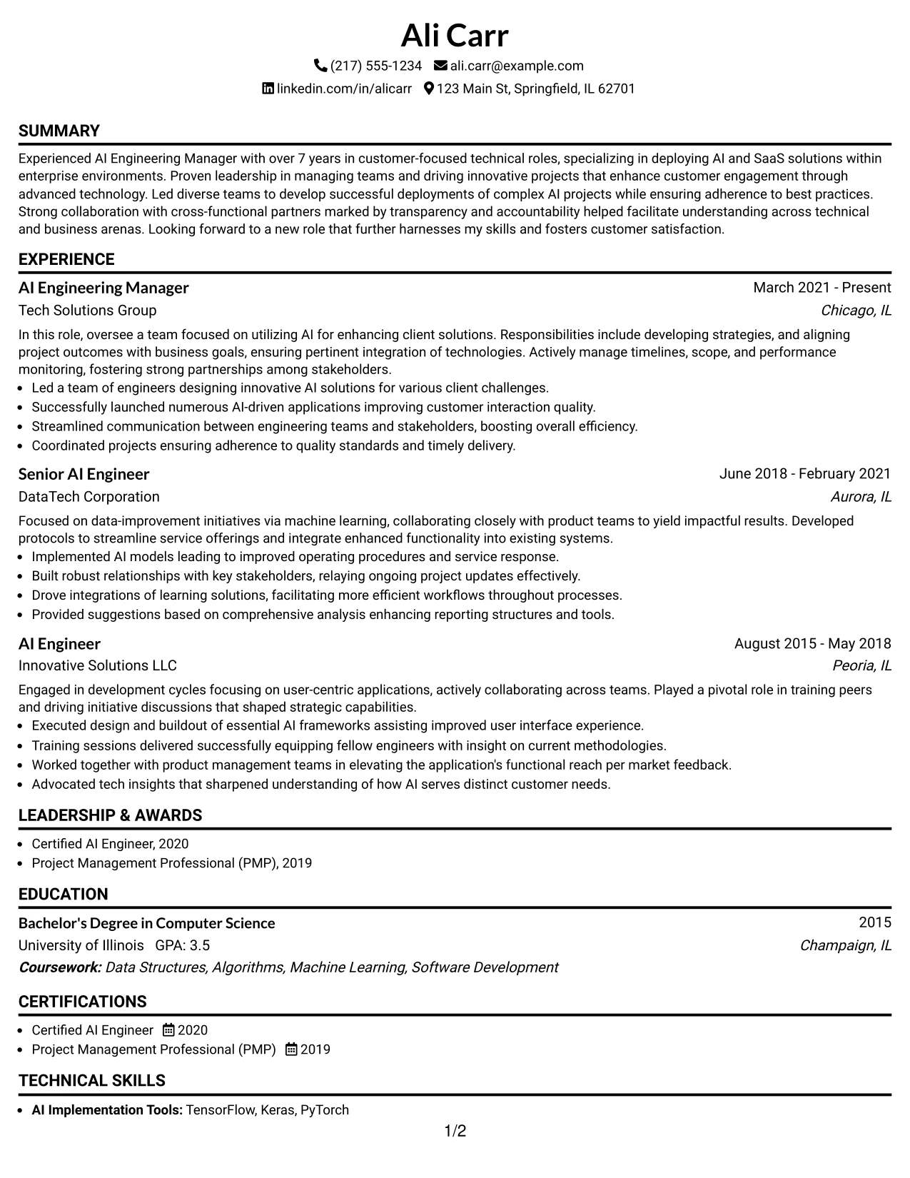 Resume Example Page 1