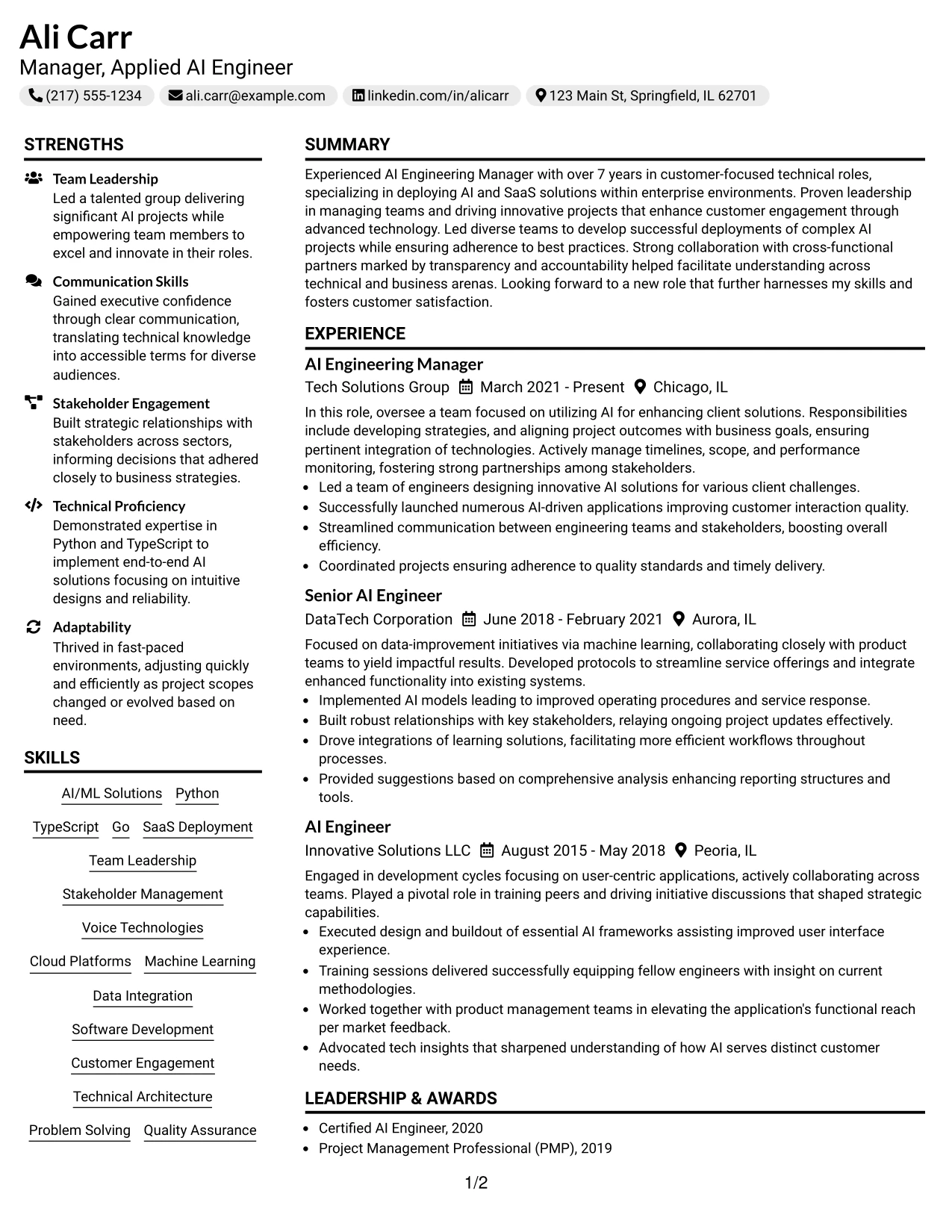 Resume Example Page 1