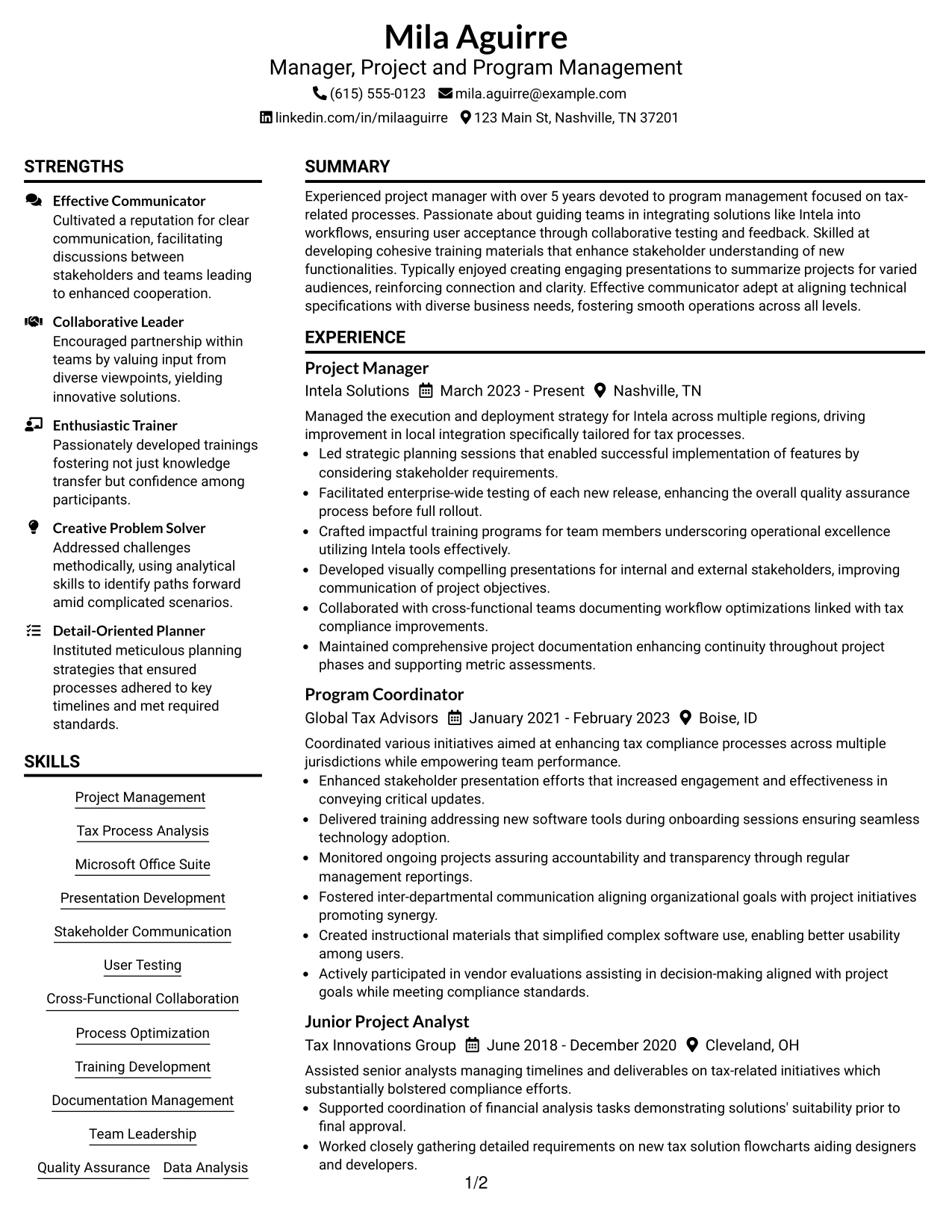 Resume Example Page 1