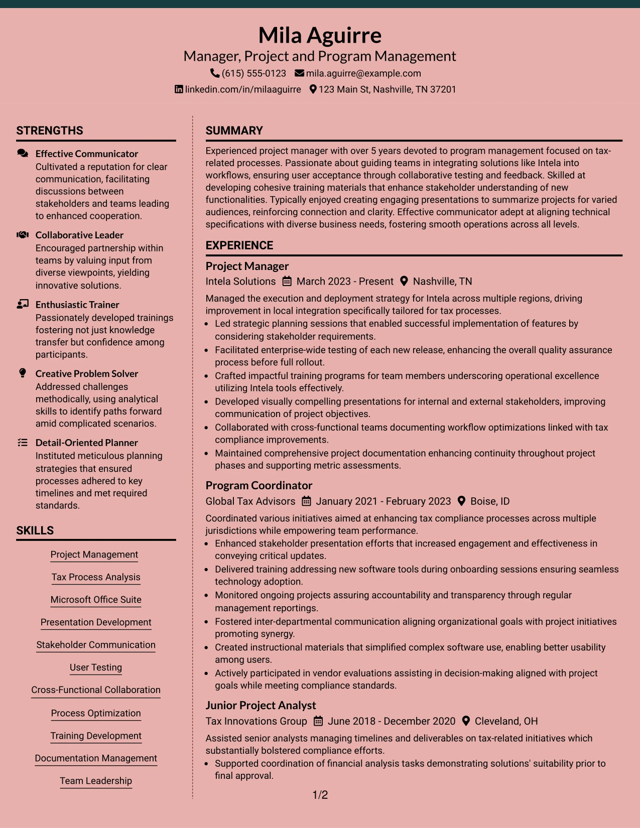 Resume Example Page 1