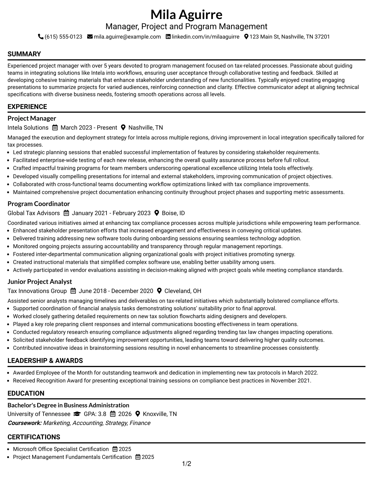 Resume Example Page 1