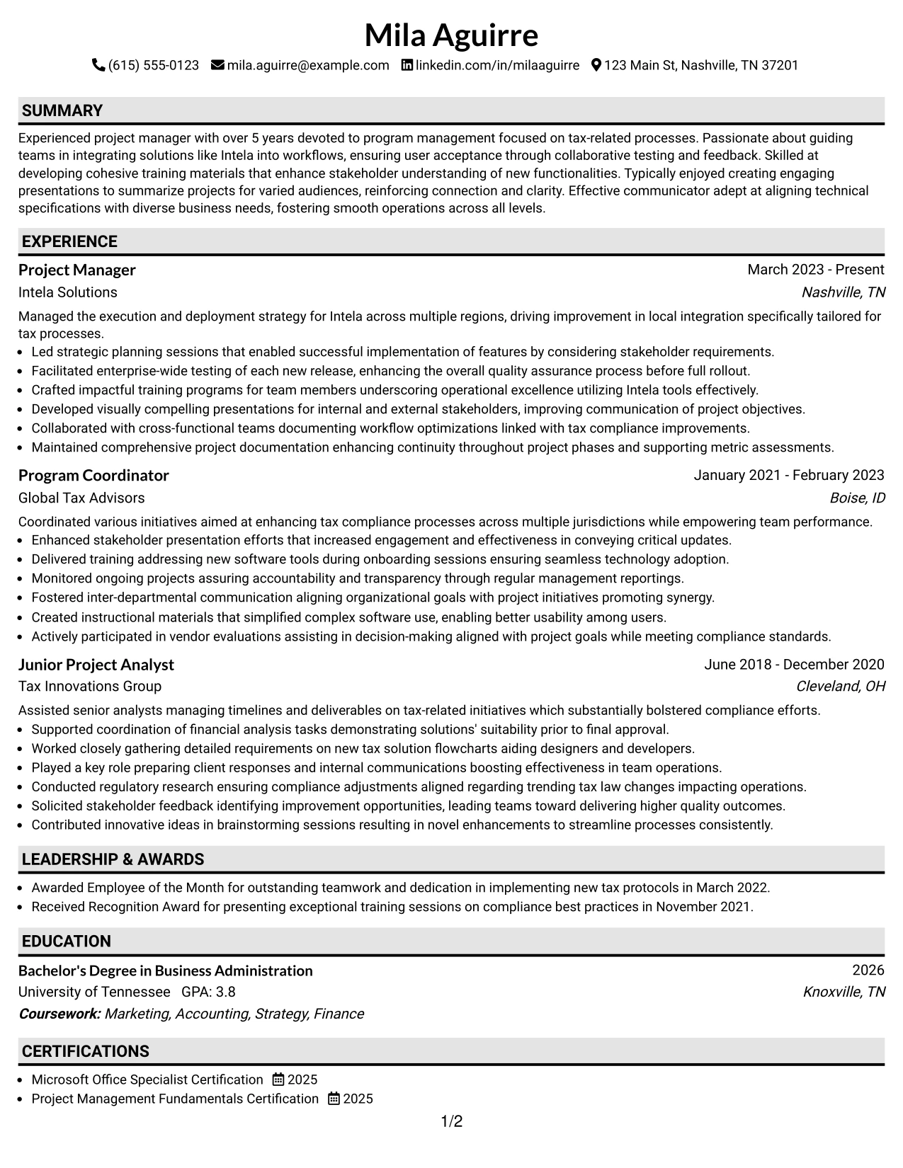 Resume Example Page 1