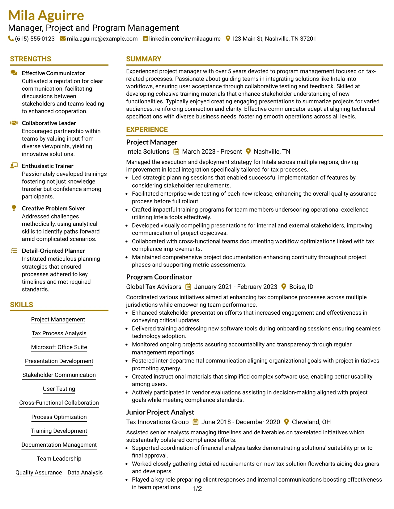 Resume Example Page 1