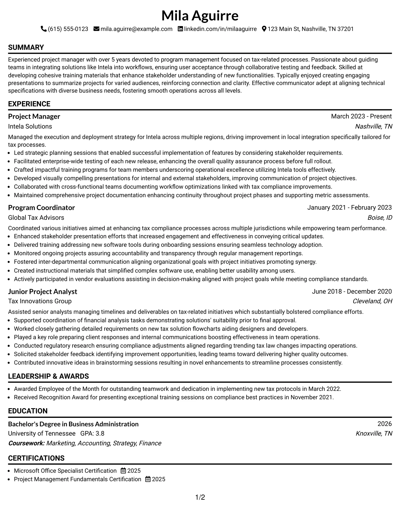 Resume Example Page 1