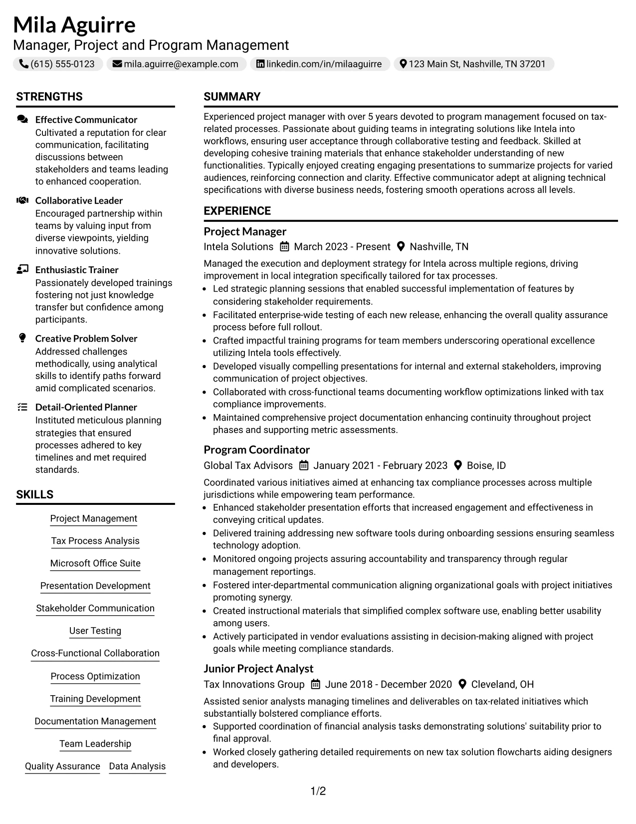 Resume Example Page 1