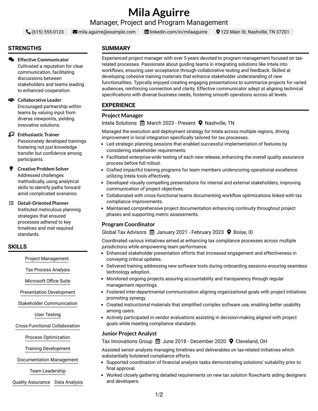 Resume Example Page 1