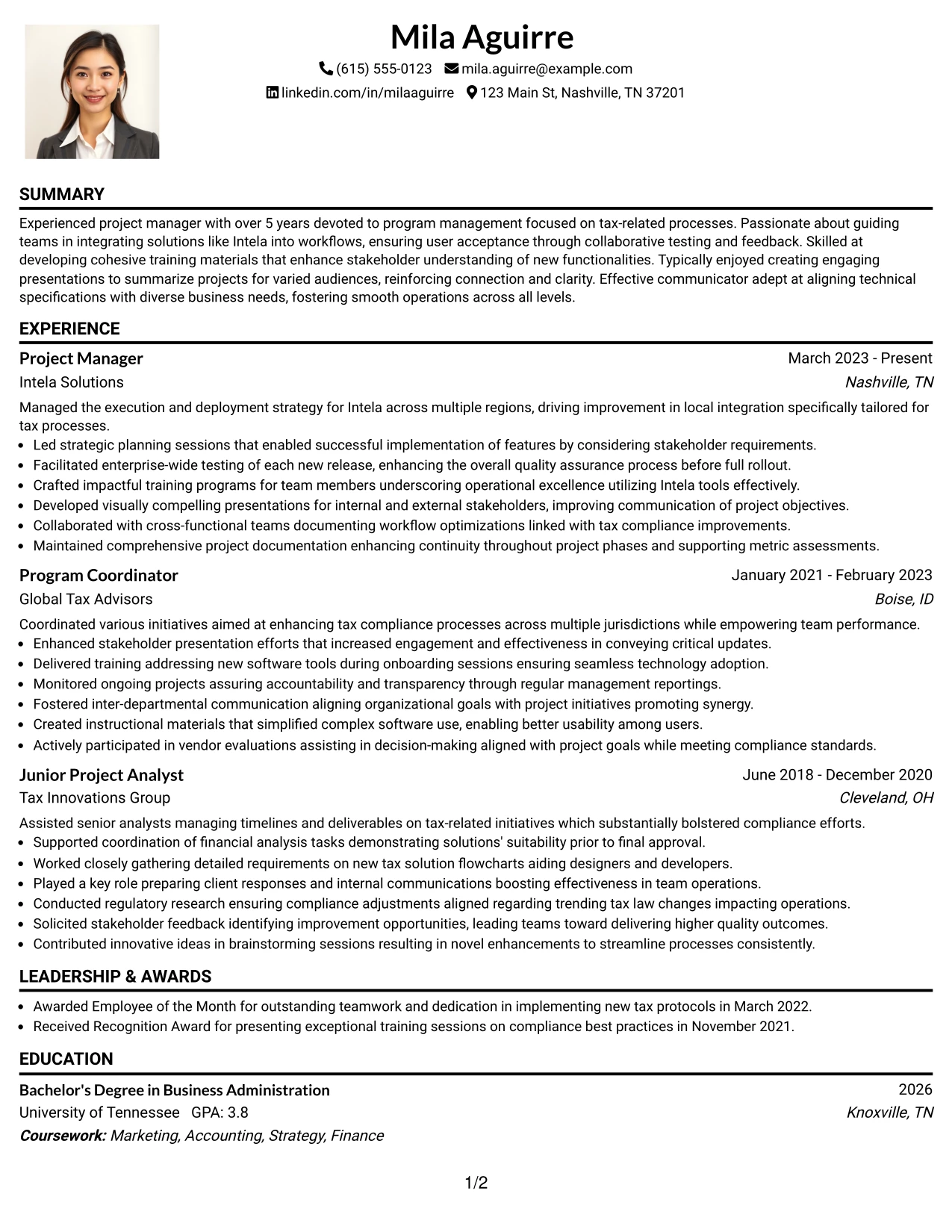 Resume Example Page 1