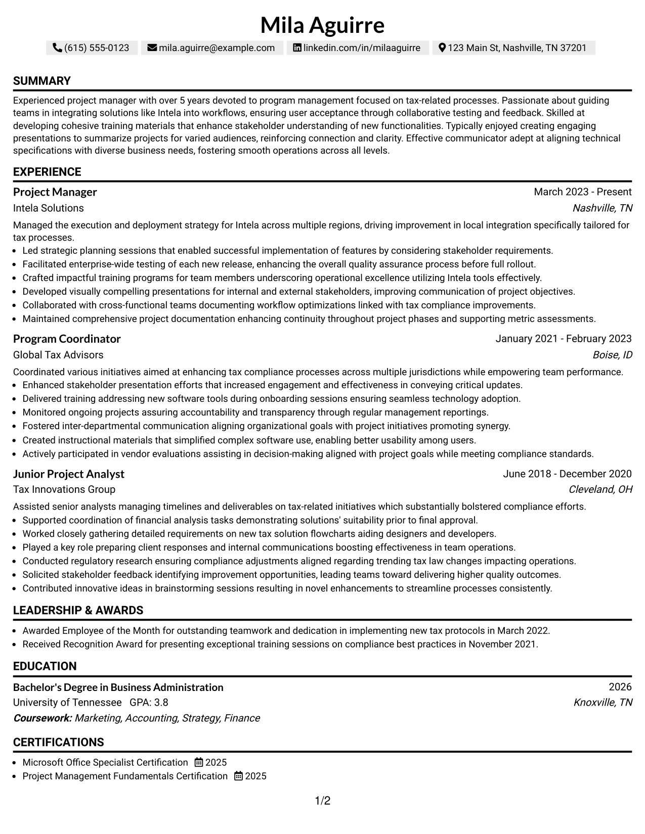 Resume Example Page 1