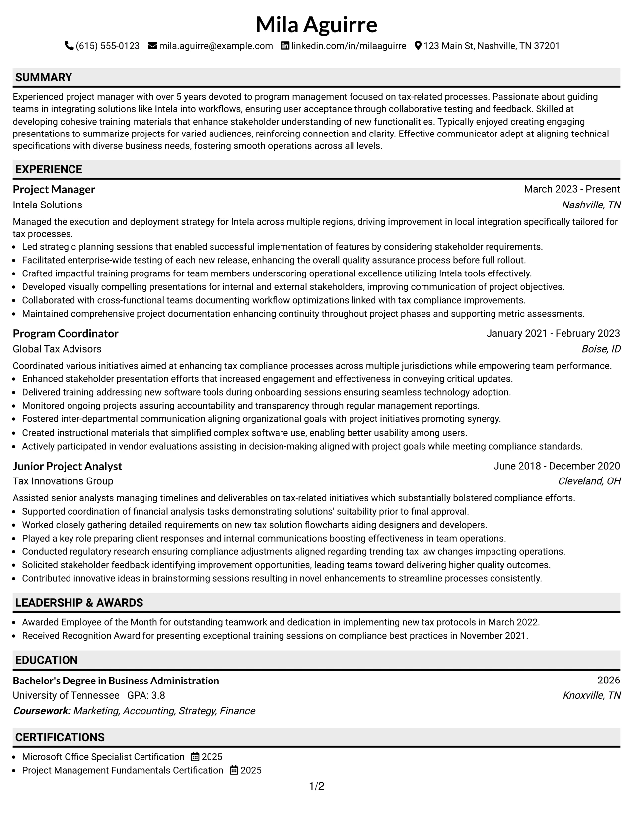 Resume Example Page 1
