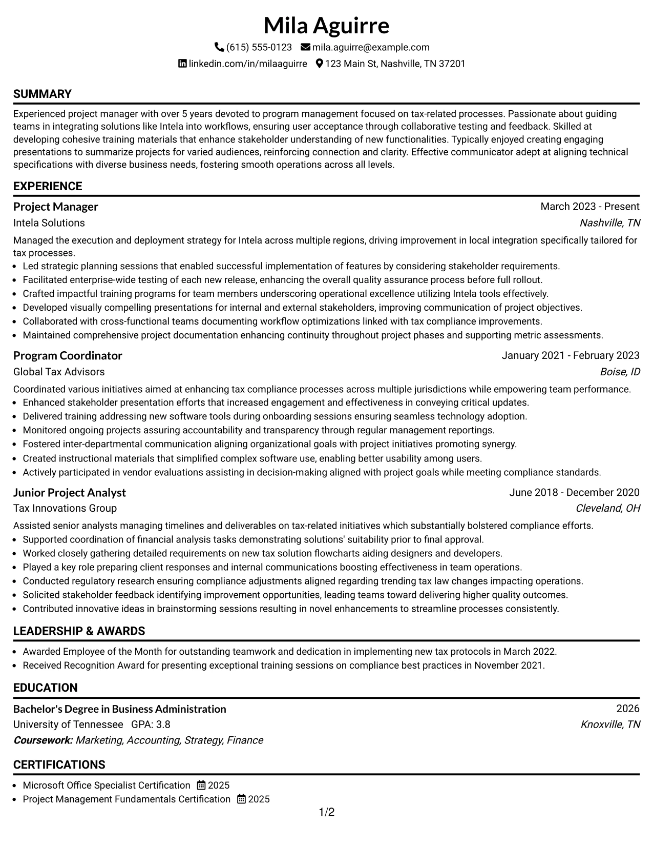 Resume Example Page 1