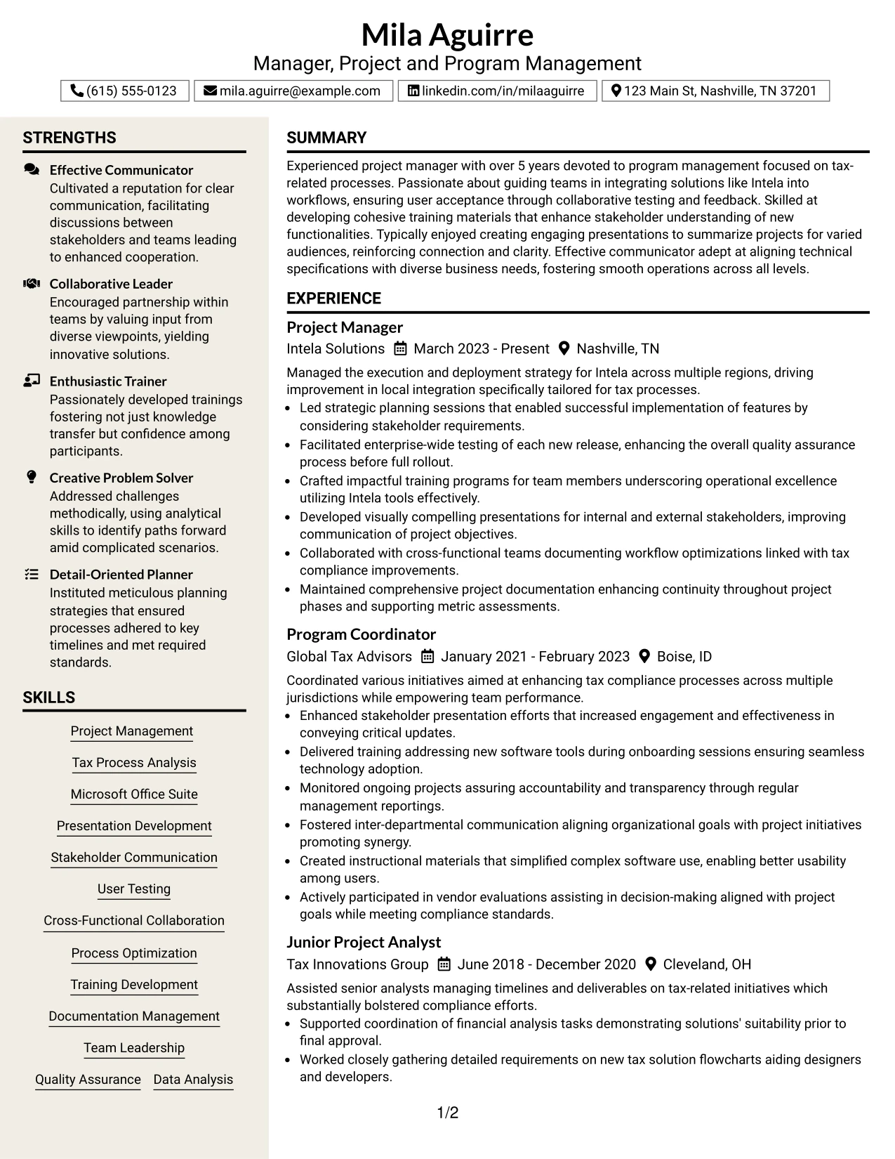 Resume Example Page 1