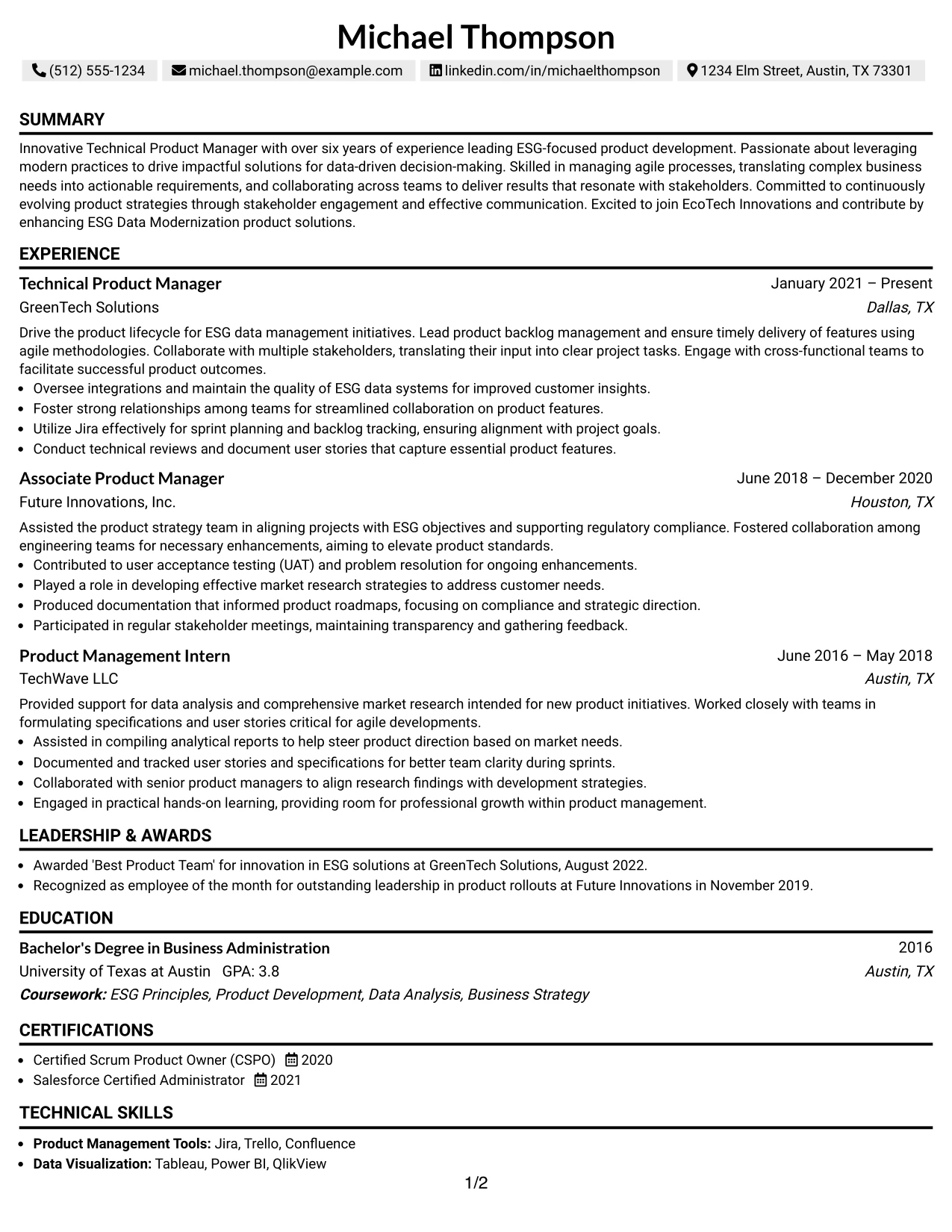 Resume Example Page 1