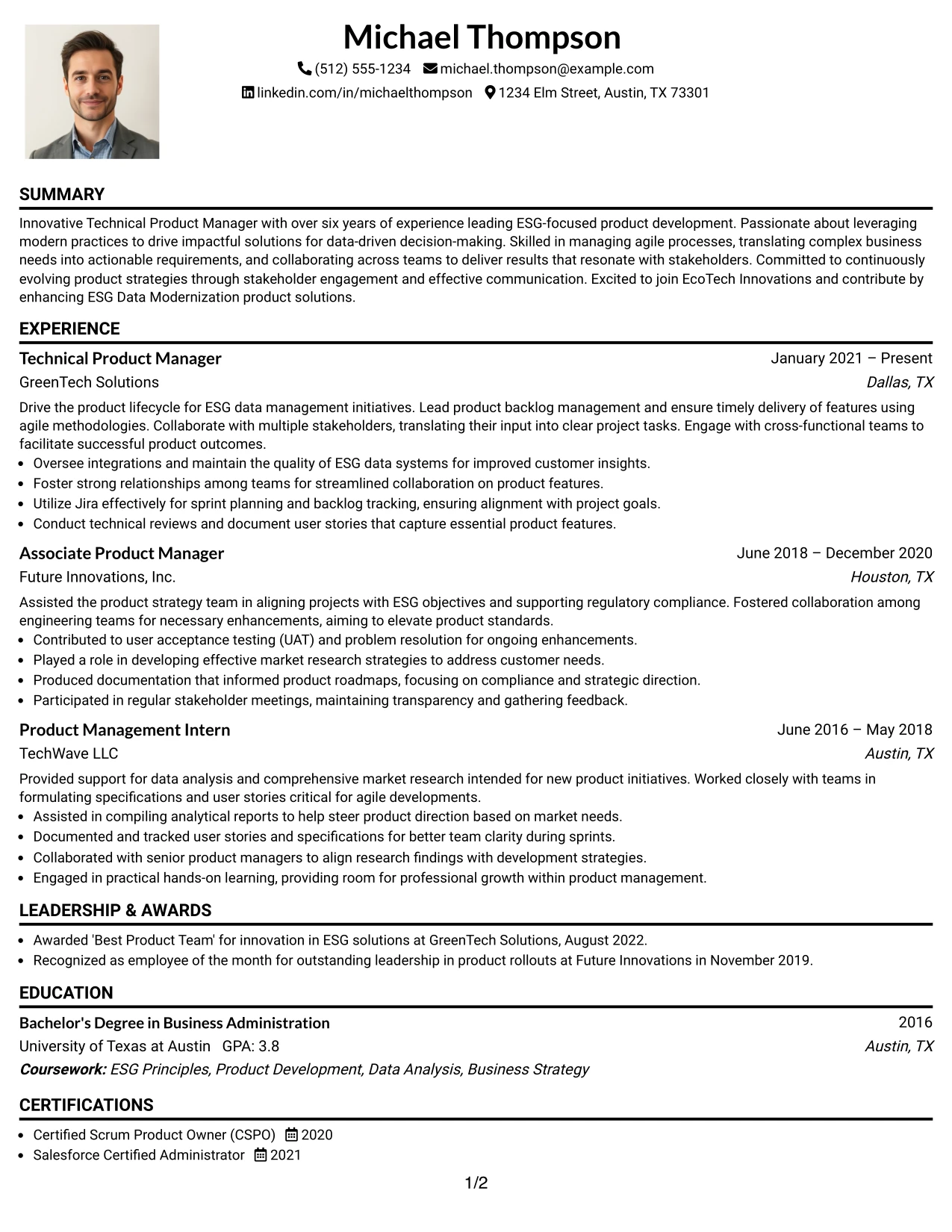 Resume Example Page 1