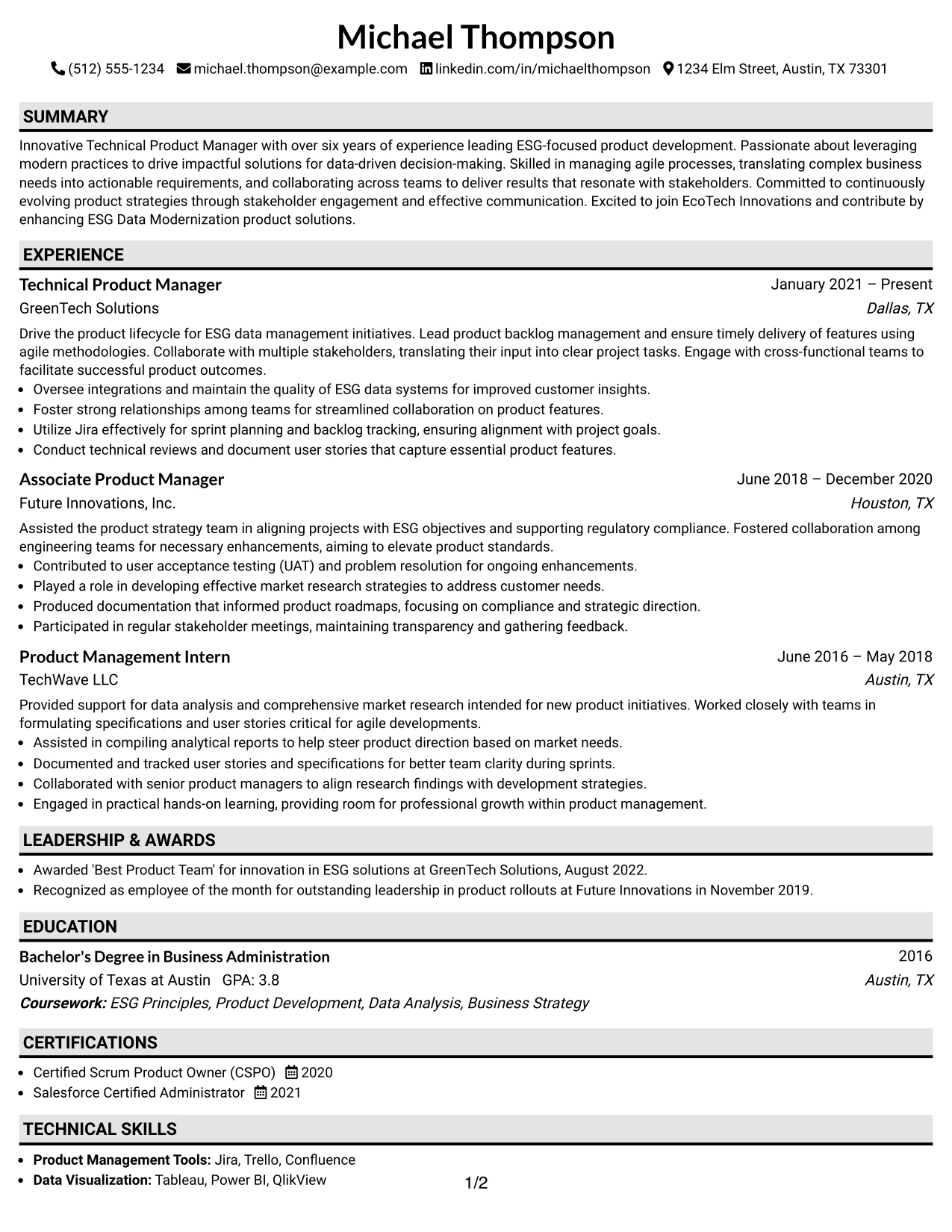 Resume Example Page 1
