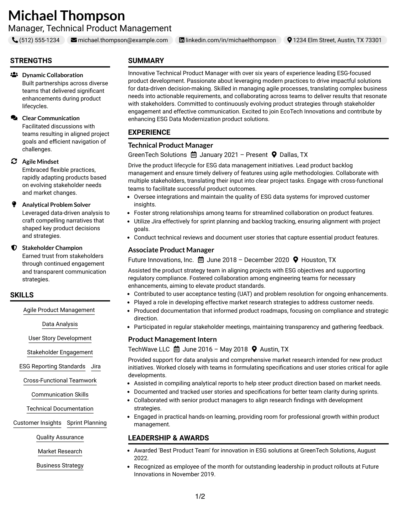 Resume Example Page 1