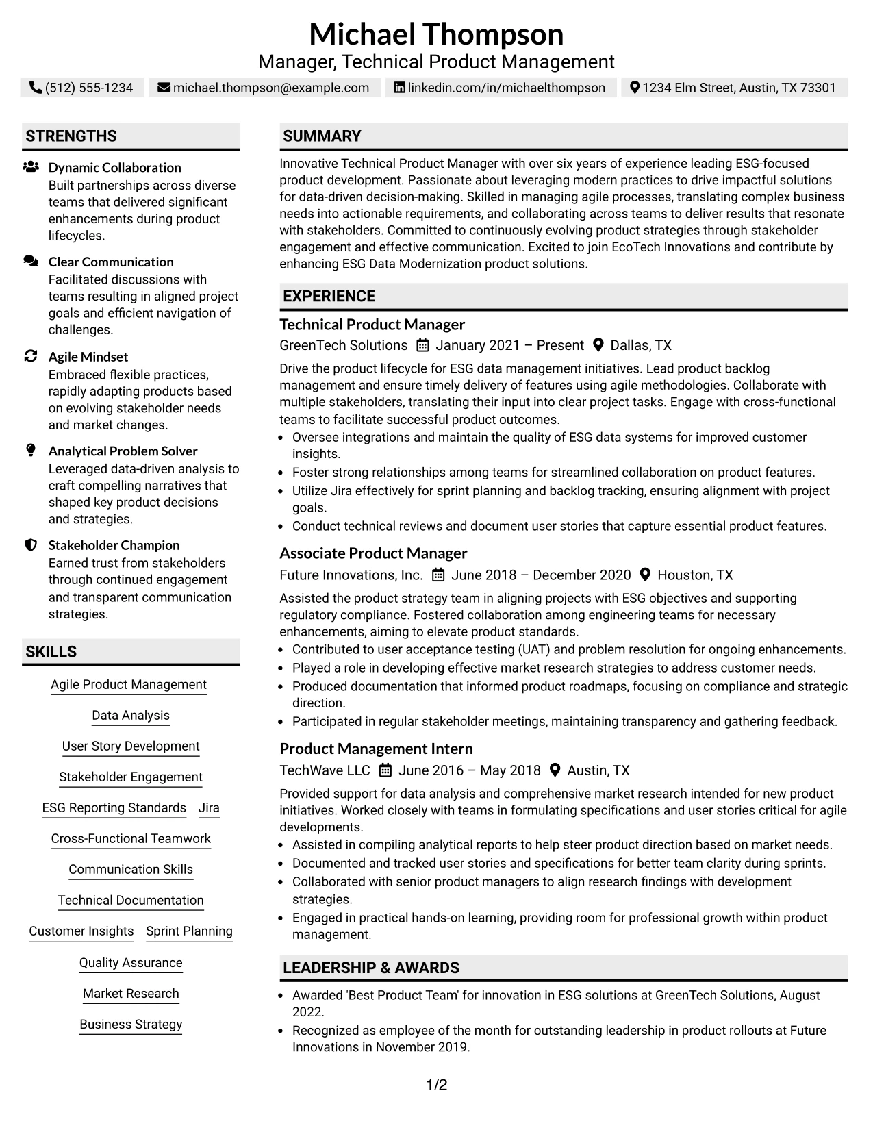Resume Example Page 1