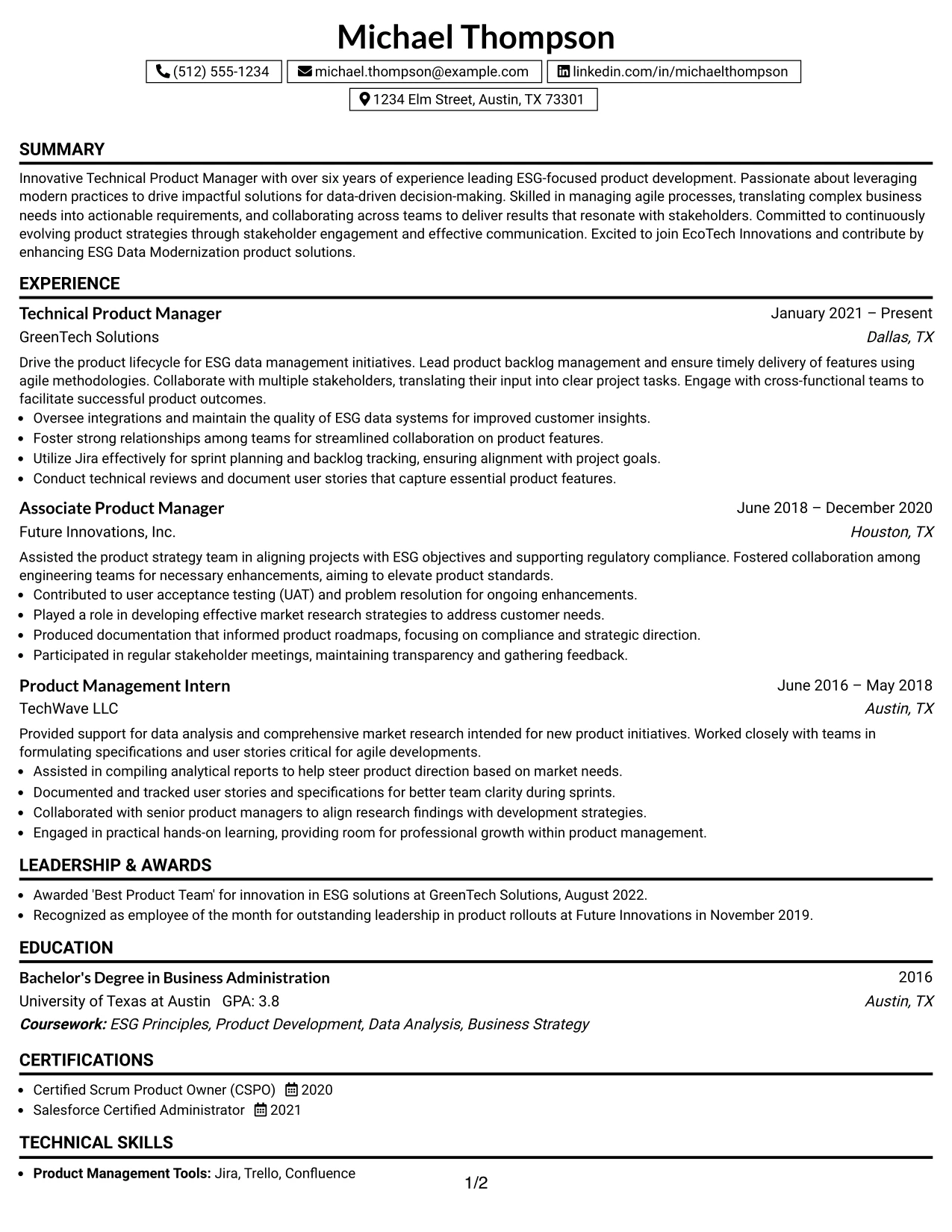 Resume Example Page 1