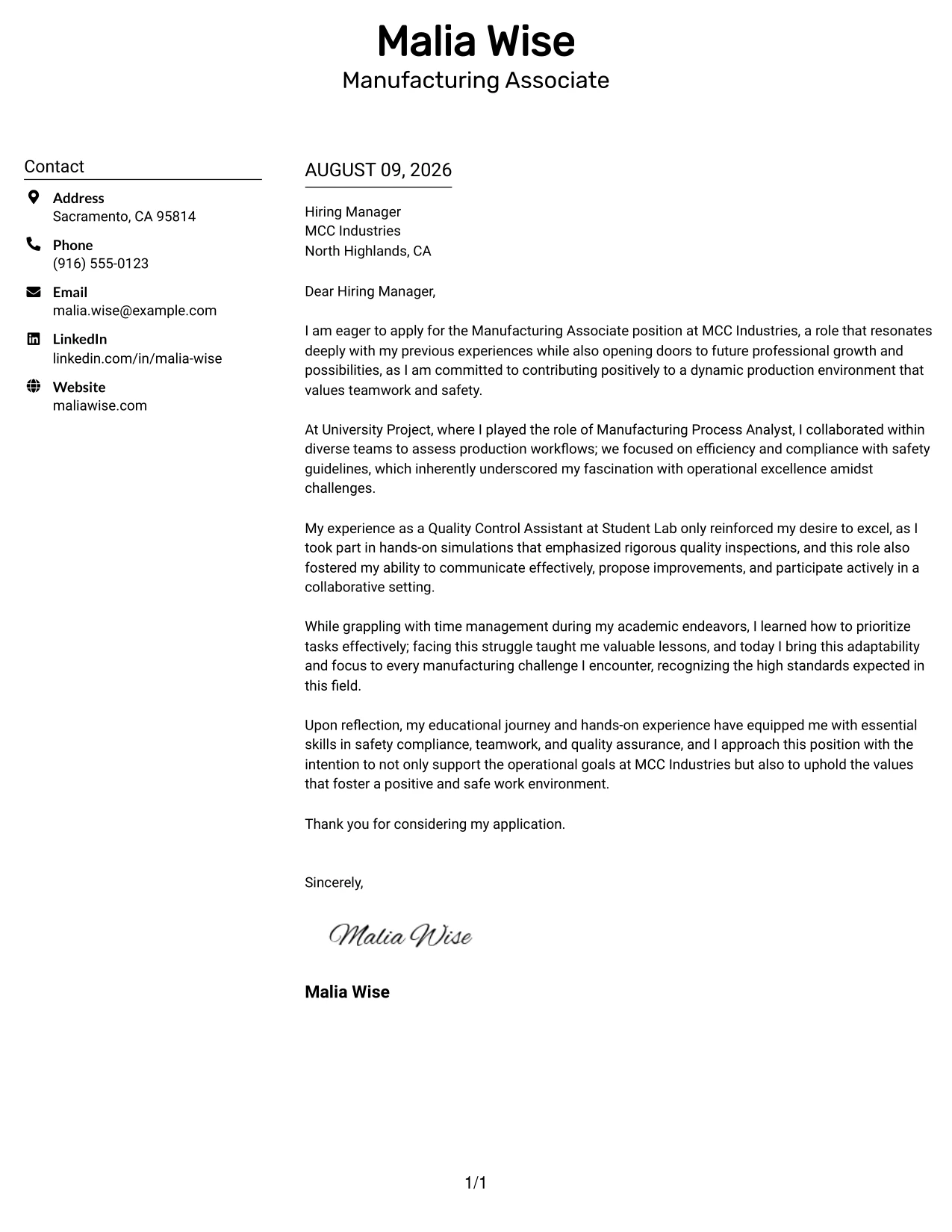 Resume Example Page 1