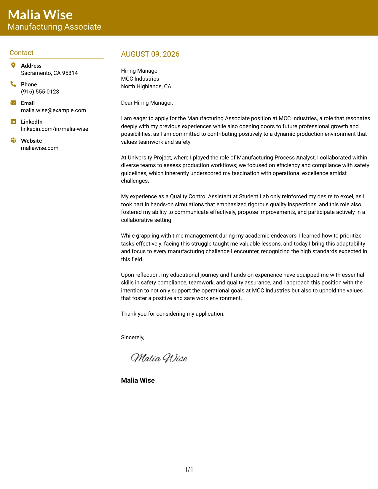 Resume Example Page 1