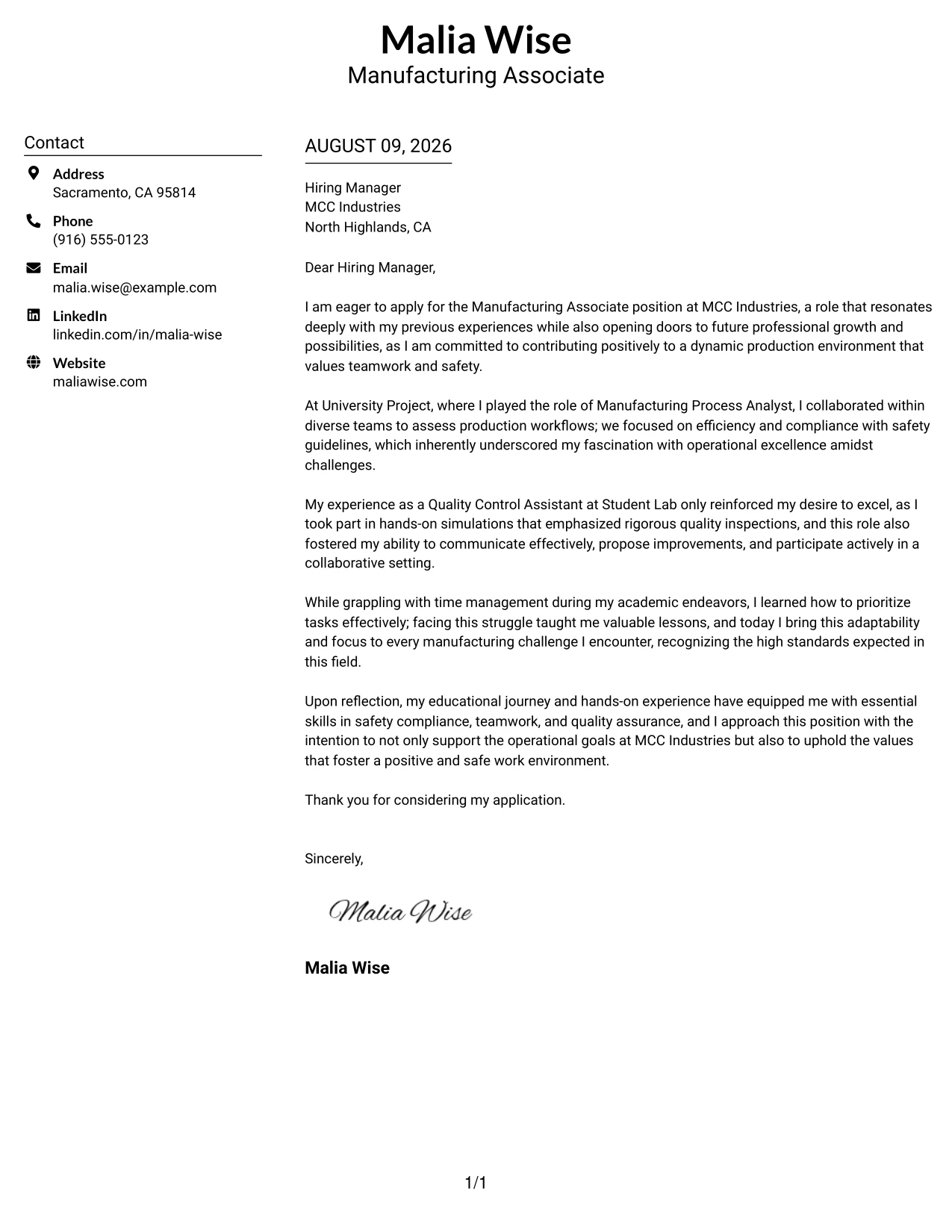 Resume Example Page 1