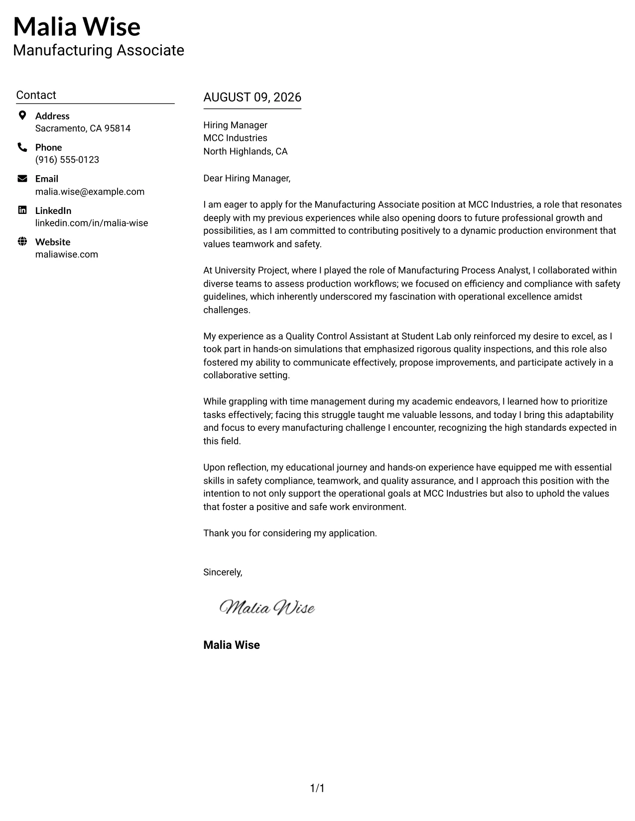 Resume Example Page 1