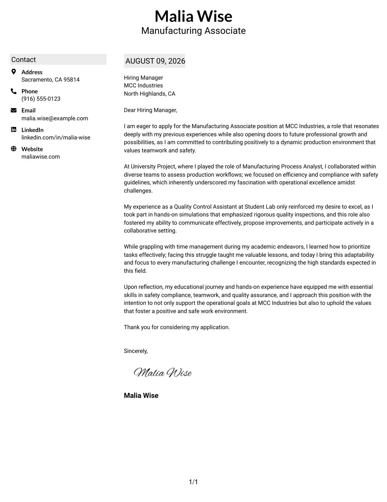 Resume Example Page 1