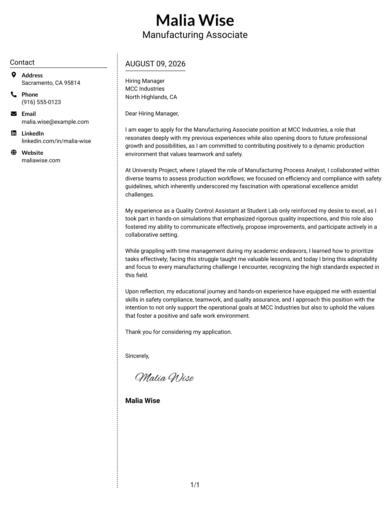 Resume Example Page 1
