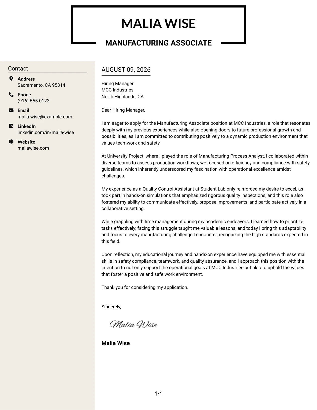 Resume Example Page 1