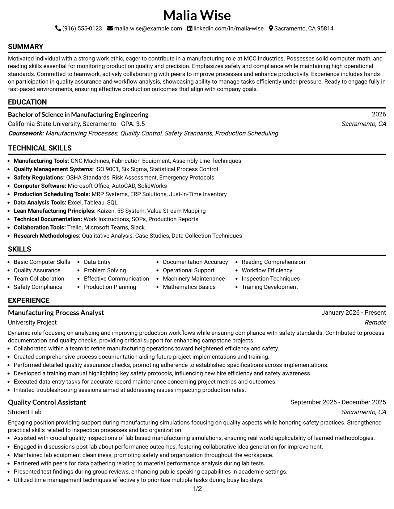 Resume Example Page 1